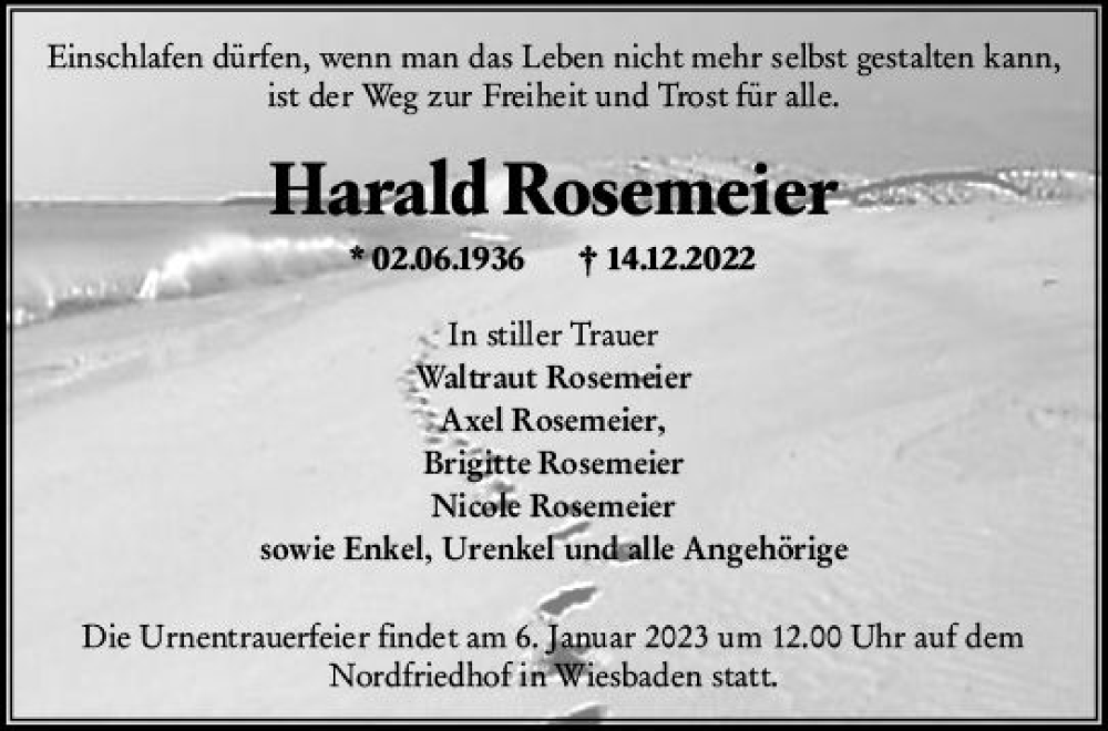  Traueranzeige für Harald Rosemeier vom 31.12.2022 aus vrm-trauer Wiesbadener Kurier