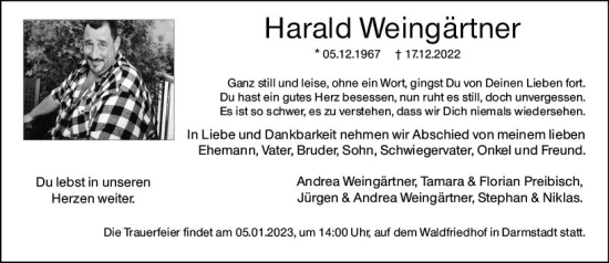 Traueranzeige von Harald Weingärtner von vrm-trauer Darmstädter Echo
