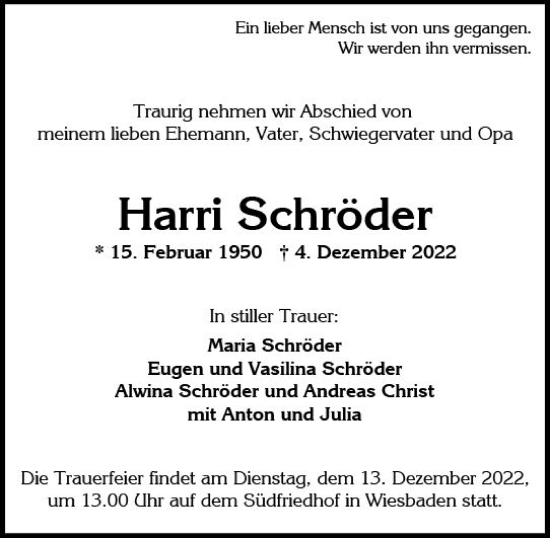 Traueranzeige von Harri Schröder von vrm-trauer Wiesbadener Kurier