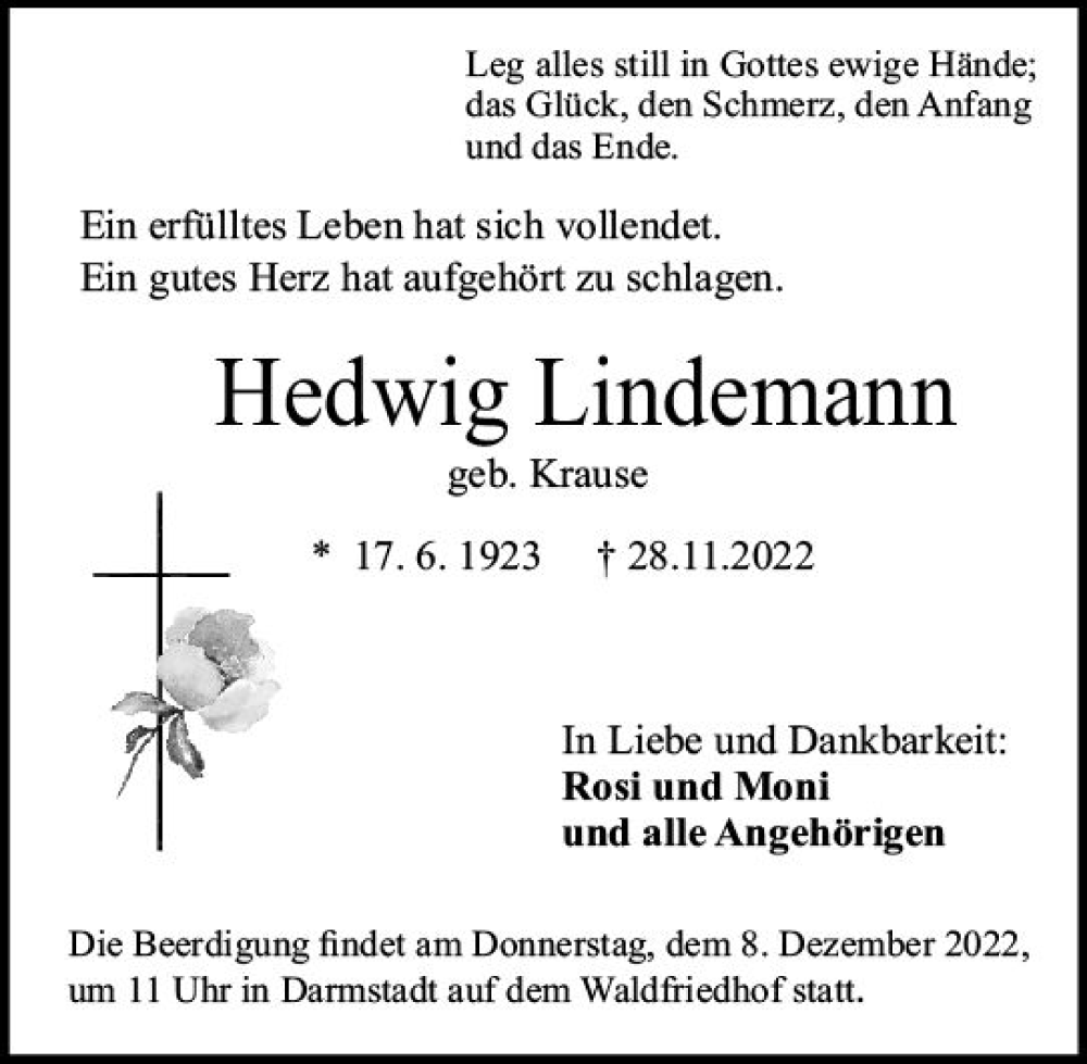  Traueranzeige für Hedwig Lindemann vom 03.12.2022 aus vrm-trauer Darmstädter Echo