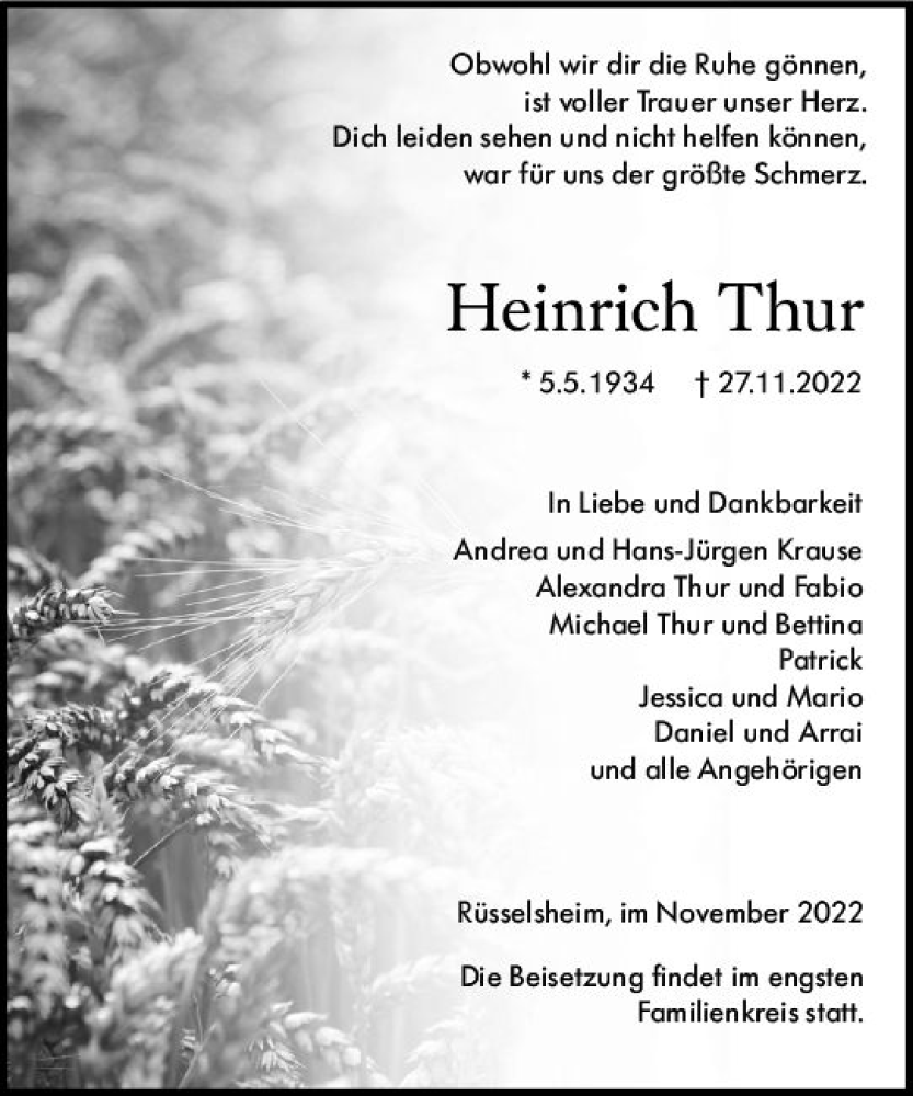  Traueranzeige für Heinrich Thur vom 03.12.2022 aus vrm-trauer Rüsselsheimer Echo / MainSpitze