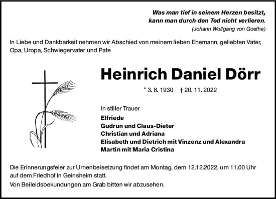 Traueranzeige von Heinrich Daniel Dörr von vrm-trauer Groß-Gerauer Echo