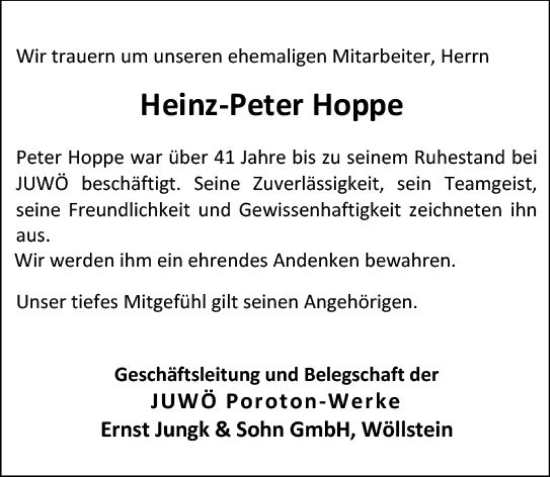 Traueranzeige von Heinz-Peter Hoppe von vrm-trauer Allgemeine Zeitung Alzey