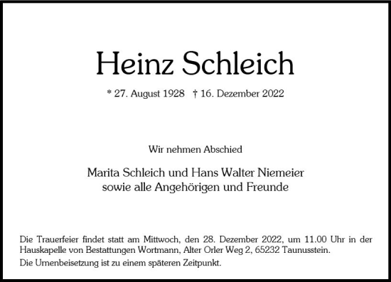 Traueranzeige von Heinz Schleich von vrm-trauer Wiesbadener Kurier
