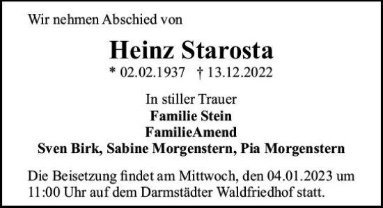 Traueranzeige von Heinz Starosta von vrm-trauer Darmstädter Echo