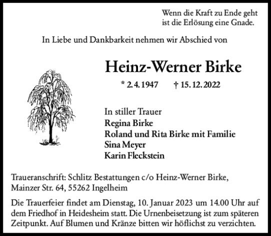 Traueranzeige von Heinz-Werner Birke von vrm-trauer Wiesbadener Kurier