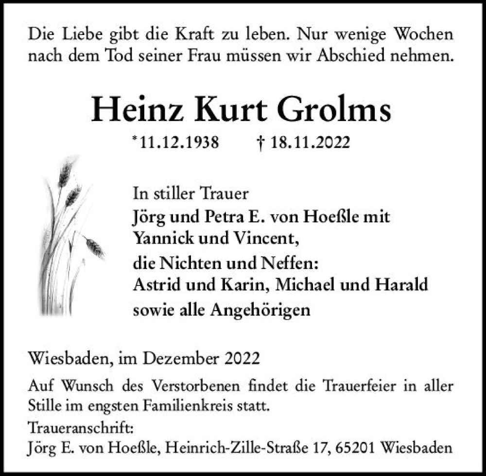  Traueranzeige für Heinz Kurt Grolms vom 03.12.2022 aus vrm-trauer Wiesbadener Kurier