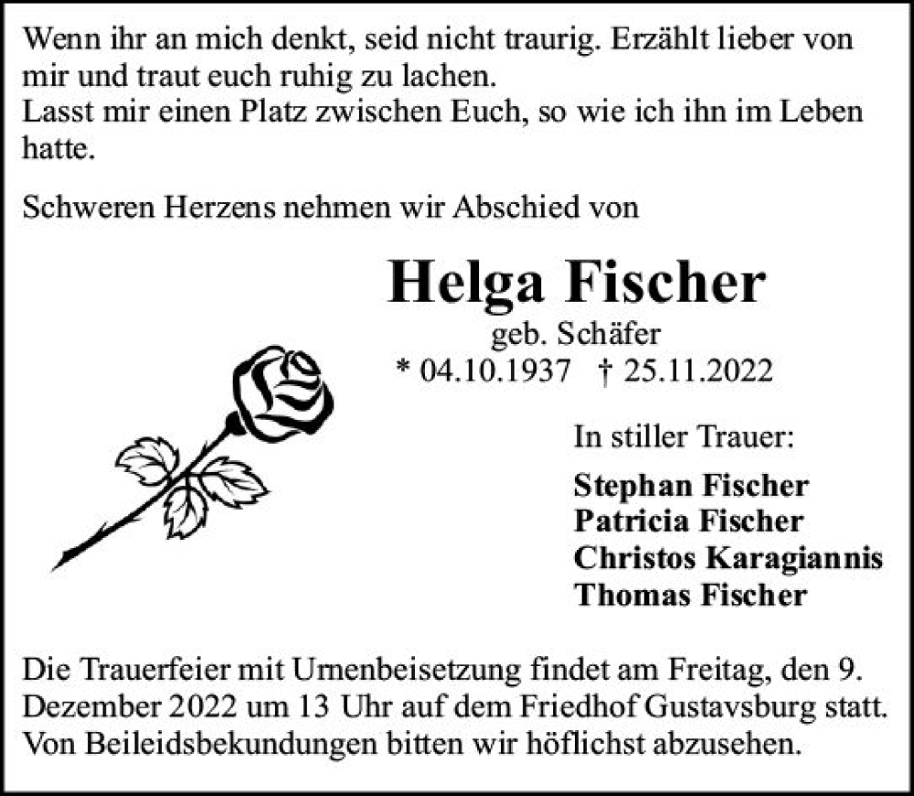  Traueranzeige für Helga Fischer vom 03.12.2022 aus vrm-trauer AZ Mainz