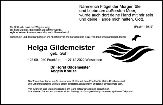 Traueranzeige von Helga Gildemeister von vrm-trauer Wiesbadener Kurier