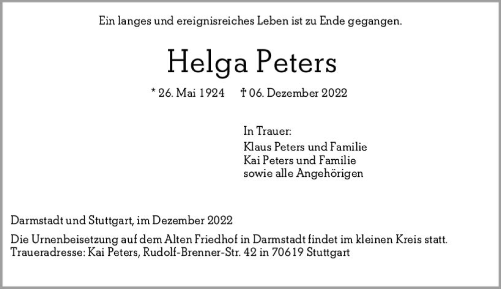  Traueranzeige für Helga Peters vom 09.12.2022 aus vrm-trauer Darmstädter Echo