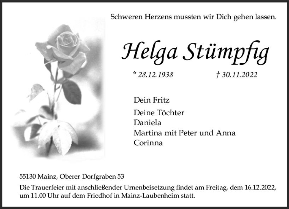  Traueranzeige für Helga Stümpfig vom 10.12.2022 aus vrm-trauer AZ Mainz