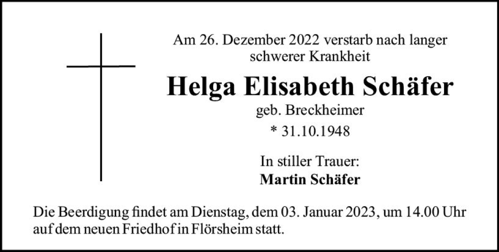  Traueranzeige für Helga Elisabeth Schäfer vom 29.12.2022 aus vrm-trauer Rüsselsheimer Echo / MainSpitze