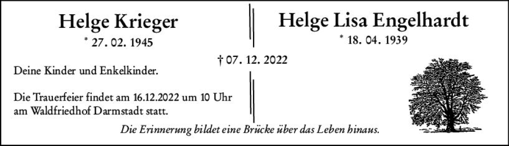  Traueranzeige für Helge Lisa Engelhardt vom 10.12.2022 aus vrm-trauer Darmstädter Echo