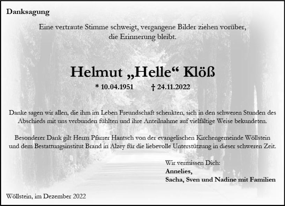  Traueranzeige für Helmut Klöß vom 17.12.2022 aus vrm-trauer Allgemeine Zeitung Alzey