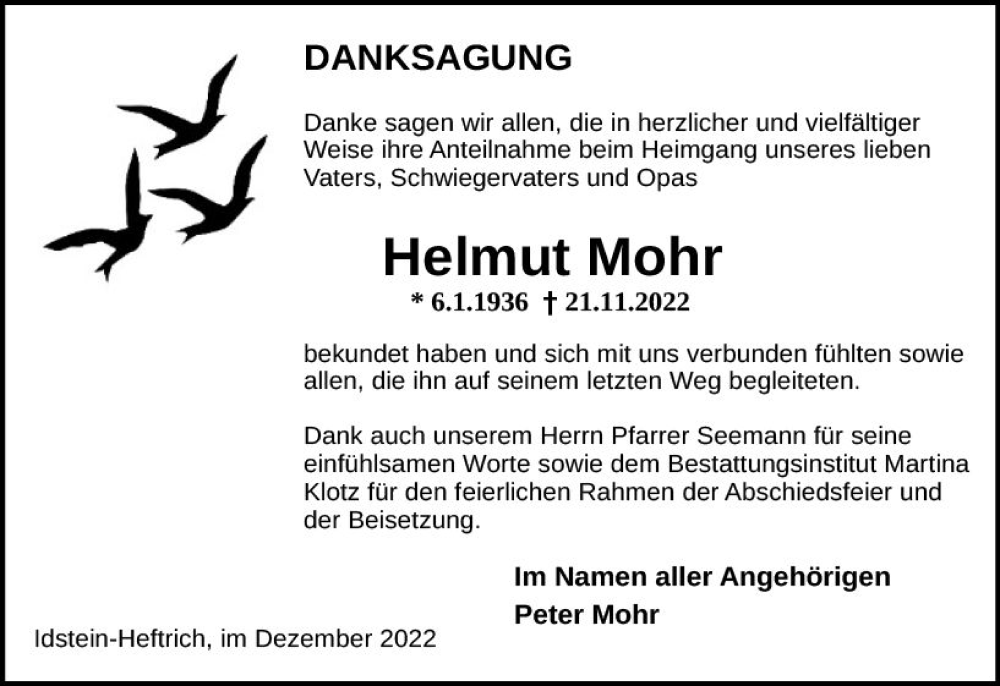  Traueranzeige für Helmut Mohr vom 17.12.2022 aus vrm-trauer Idsteiner Zeitung