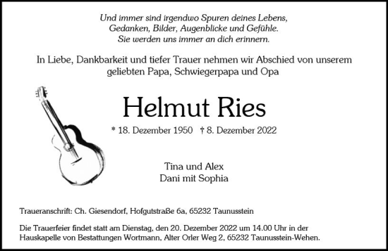 Traueranzeige von Helmut Ries von vrm-trauer Wiesbadener Kurier