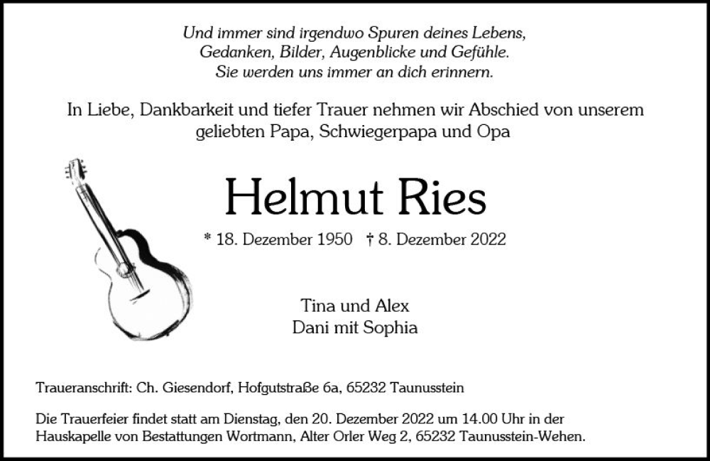  Traueranzeige für Helmut Ries vom 17.12.2022 aus vrm-trauer Wiesbadener Kurier