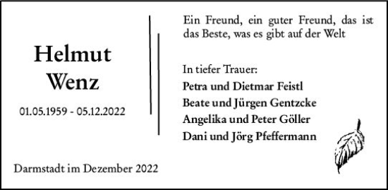 Traueranzeige von Helmut Wenz von vrm-trauer Darmstädter Echo