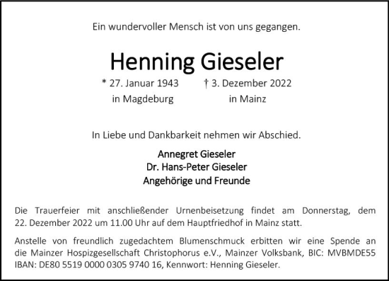 Traueranzeige von Henning Gieseler von vrm-trauer AZ Mainz