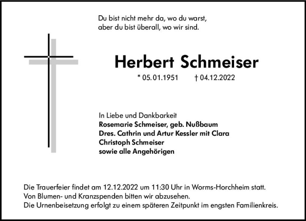  Traueranzeige für Herbert Schmeiser vom 07.12.2022 aus vrm-trauer Wormser Zeitung