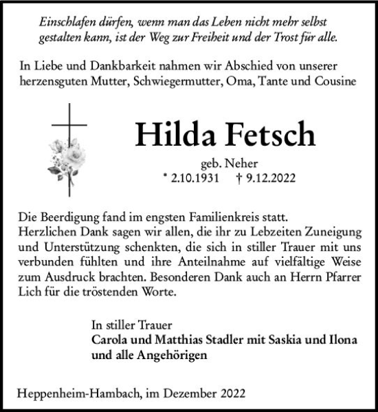 Traueranzeige von Hilda Fetsch von vrm-trauer Bürstädter/Lamperth. Ztg/Starkenburger