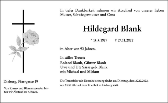 Traueranzeige von Hildegard Blank von vrm-trauer DieburgerAnzeiger/Groß-Zimmerner Lokala