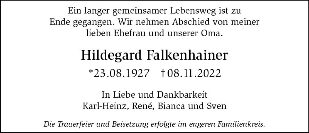  Traueranzeige für Hildegard Falkenhainer vom 02.12.2022 aus vrm-trauer Darmstädter Echo