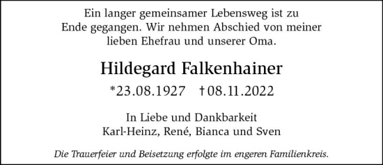 Traueranzeige von Hildegard Falkenhainer von vrm-trauer Darmstädter Echo