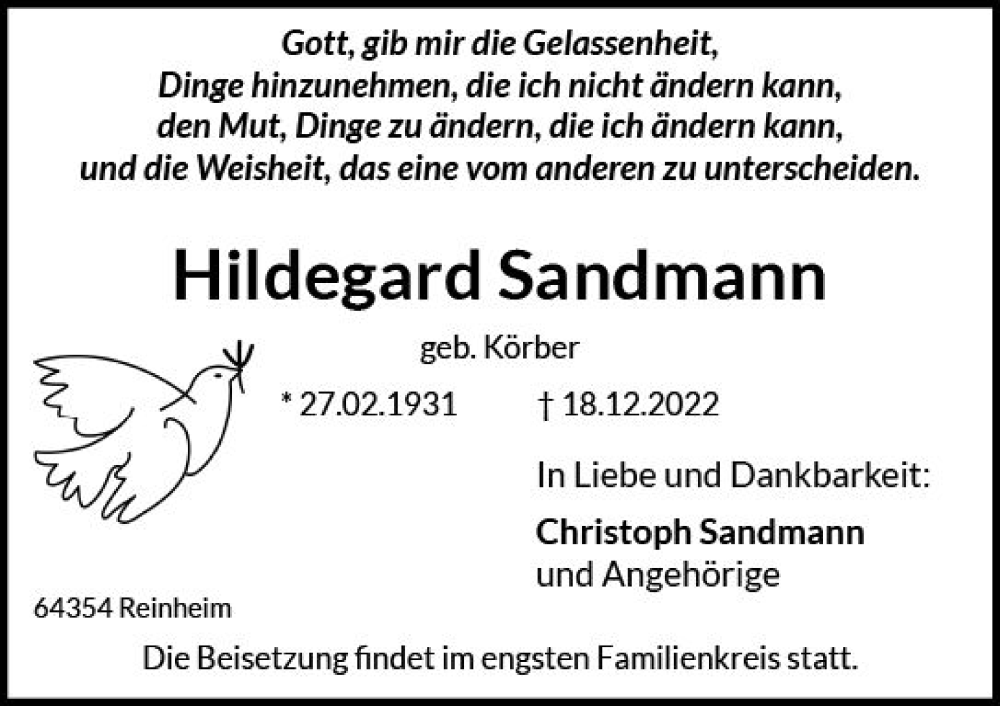  Traueranzeige für Hildegard Sandmann vom 24.12.2022 aus vrm-trauer Odenwälder Echo
