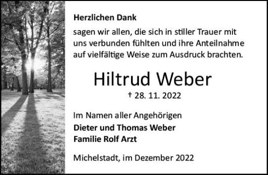 Traueranzeige von Hiltrud Weber von vrm-trauer Odenwälder Echo