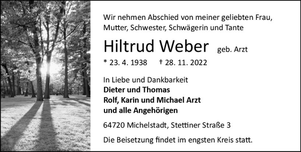  Traueranzeige für Hiltrud Weber vom 03.12.2022 aus vrm-trauer Odenwälder Echo