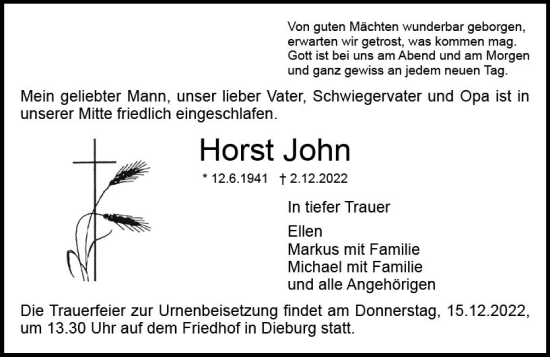 Traueranzeige von Horst John von vrm-trauer DieburgerAnzeiger/Groß-Zimmerner Lokala