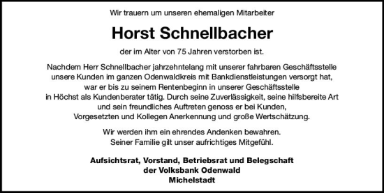 Traueranzeige von Horst Schnellbacher von vrm-trauer Odenwälder Echo