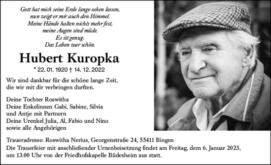 Traueranzeige von Hubert Kuropka von vrm-trauer Neue Binger Zeitung