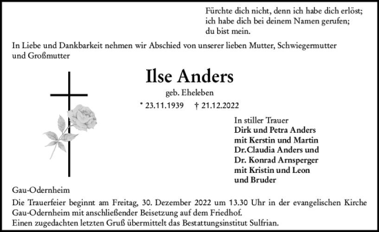 Traueranzeige von Ilse Anders von vrm-trauer Allgemeine Zeitung Alzey