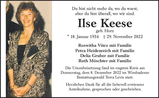 Traueranzeige von Ilse Keese von vrm-trauer Wiesbadener Kurier