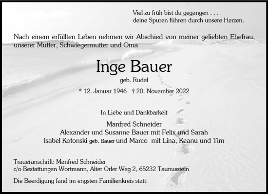 Traueranzeige von Inge Bauer von vrm-trauer Wiesbadener Kurier