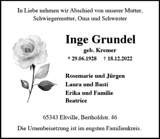 Traueranzeige von Inge Grundel von vrm-trauer Rheingau