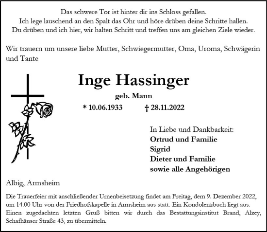 Traueranzeige von Inge Hassinger von vrm-trauer Allgemeine Zeitung Alzey