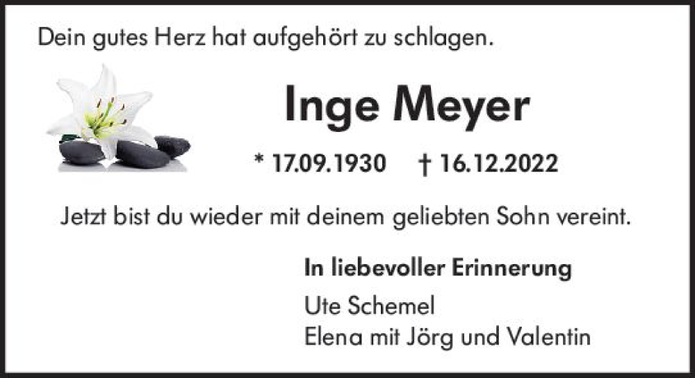  Traueranzeige für Inge Meyer vom 31.12.2022 aus vrm-trauer Darmstädter Echo