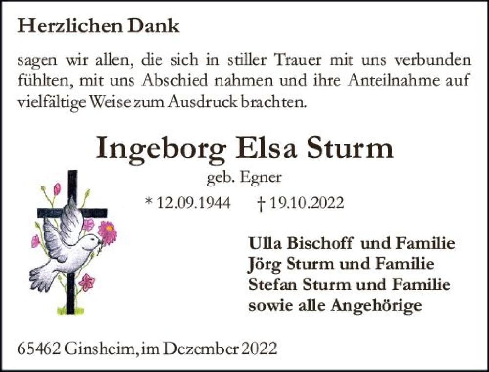  Traueranzeige für Ingeborg Elsa Sturm vom 09.12.2022 aus vrm-trauer Hochheimer Zeitung