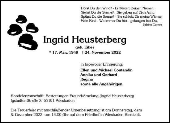 Traueranzeige von Ingrid Heusterberg von vrm-trauer Wiesbadener Kurier