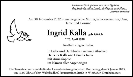 Traueranzeige von Ingrid Kalla von vrm-trauer Wiesbadener Kurier