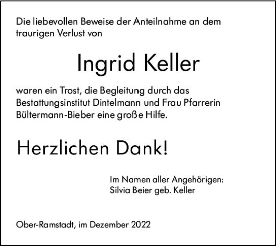 Traueranzeige von Ingrid Keller von vrm-trauer Darmstädter Echo