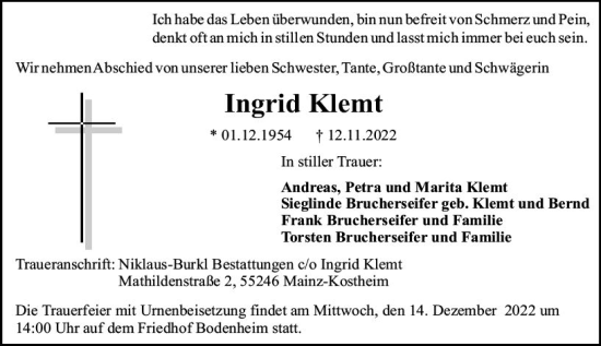 Traueranzeige von Ingrid Klemt von vrm-trauer AZ Mainz