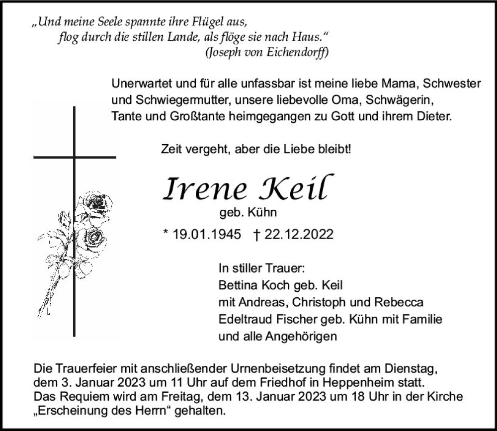  Traueranzeige für Irene Keil vom 31.12.2022 aus vrm-trauer Bürstädter/Lamperth. Ztg/Starkenburger