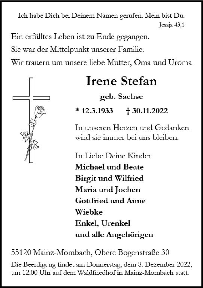 Traueranzeige für Irene Stefan vom 03.12.2022 aus vrm-trauer AZ Mainz