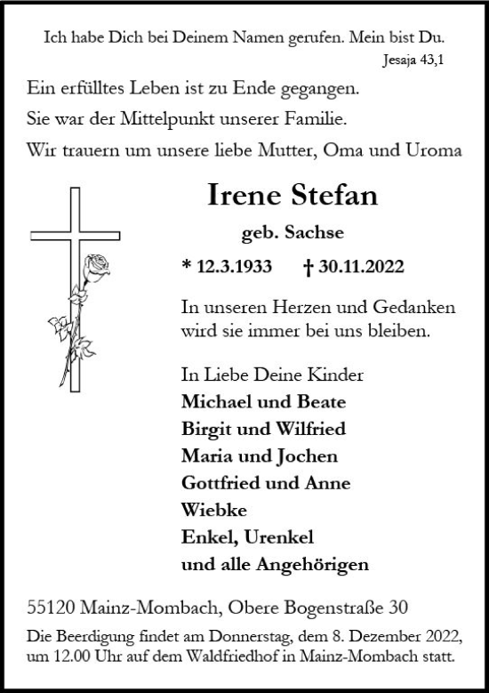 Traueranzeige von Irene Stefan von vrm-trauer AZ Mainz