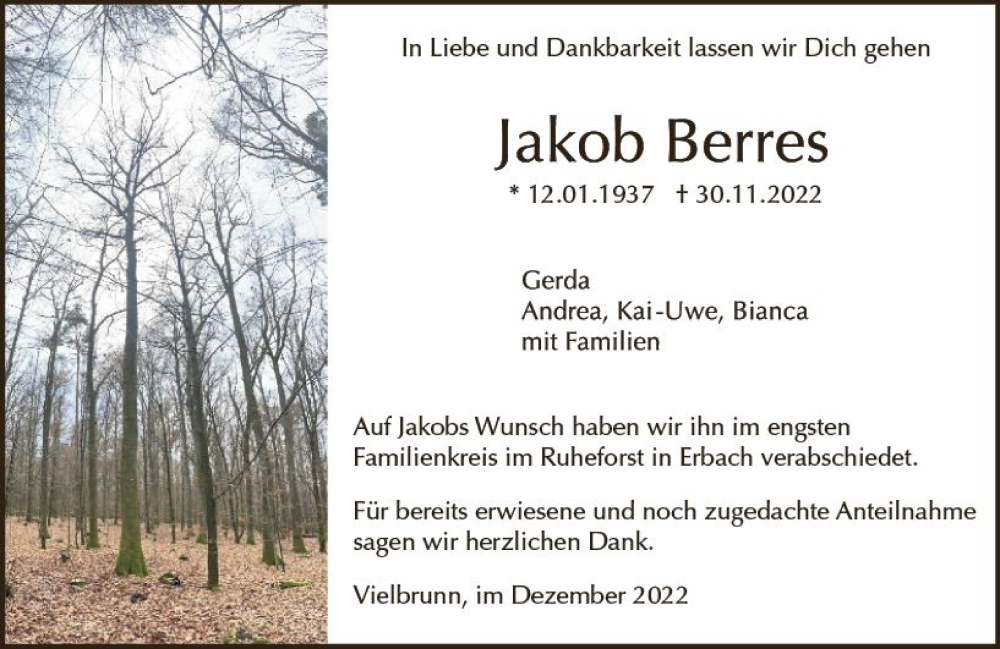  Traueranzeige für Jakob Berres vom 24.12.2022 aus vrm-trauer Odenwälder Echo