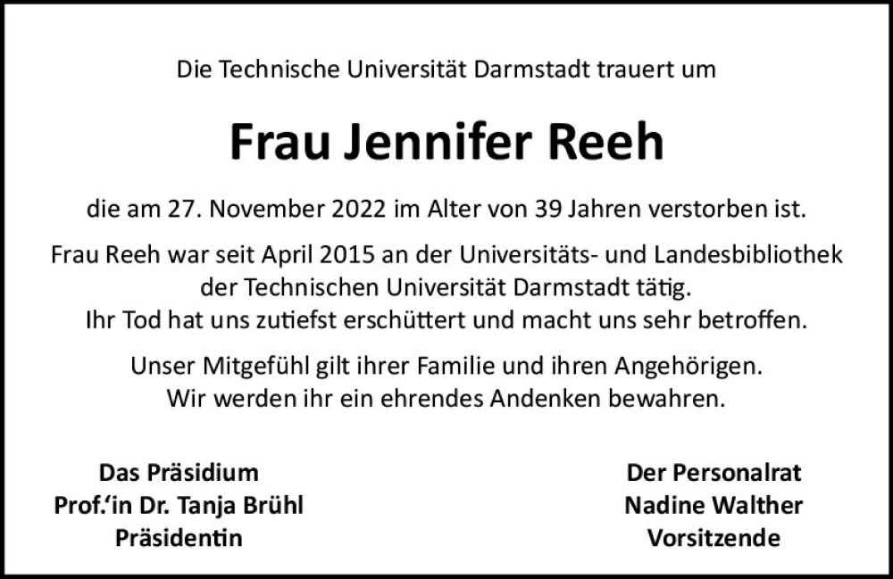  Traueranzeige für Jennifer Reeh vom 07.12.2022 aus vrm-trauer Darmstädter Echo